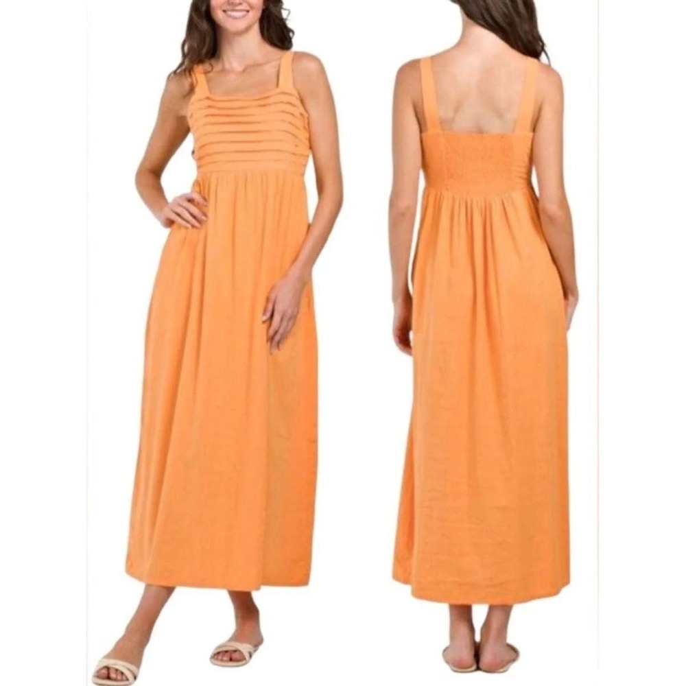Tahari Size 10 Linen Blend Sleeveless Maxi Dress Orange Pleat Bodice Smock Back